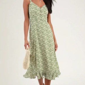Green Floral Midi Dress with ruffle hem